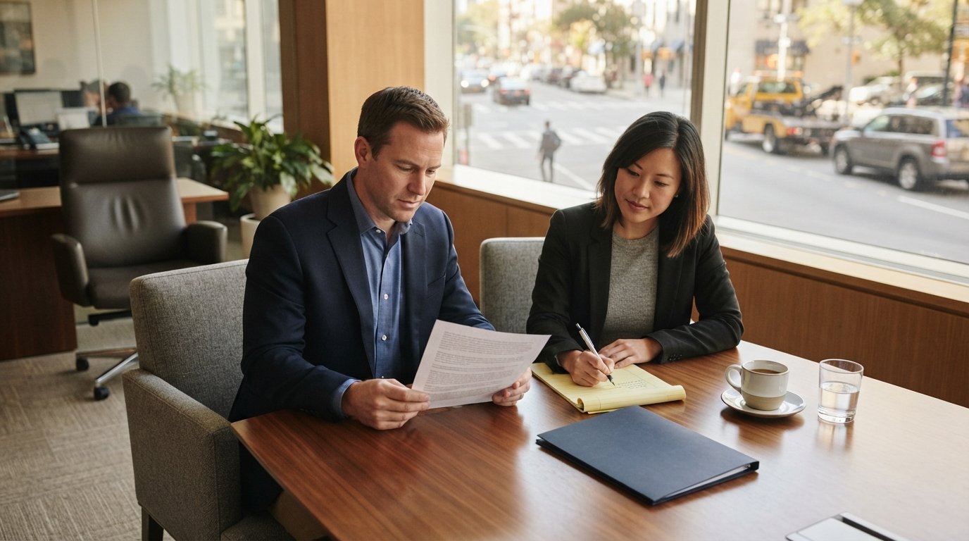 Man and woman in business-casual attire sit at a wooden desk with a document and legal pad in a sunlit office, an empty…