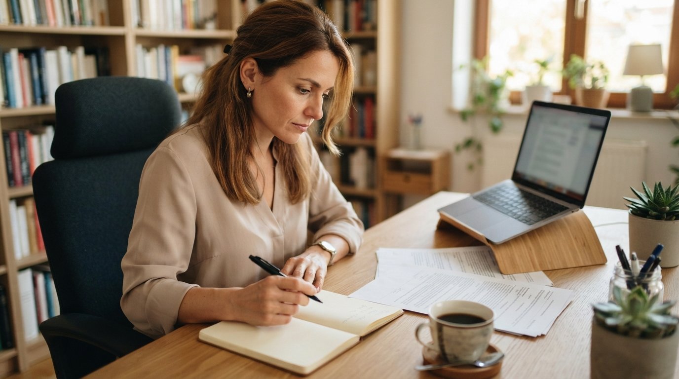 Woman in a neutral blouse reviews printed legal quote documents beside a laptop at a desk, pen in hand over a notepad,…