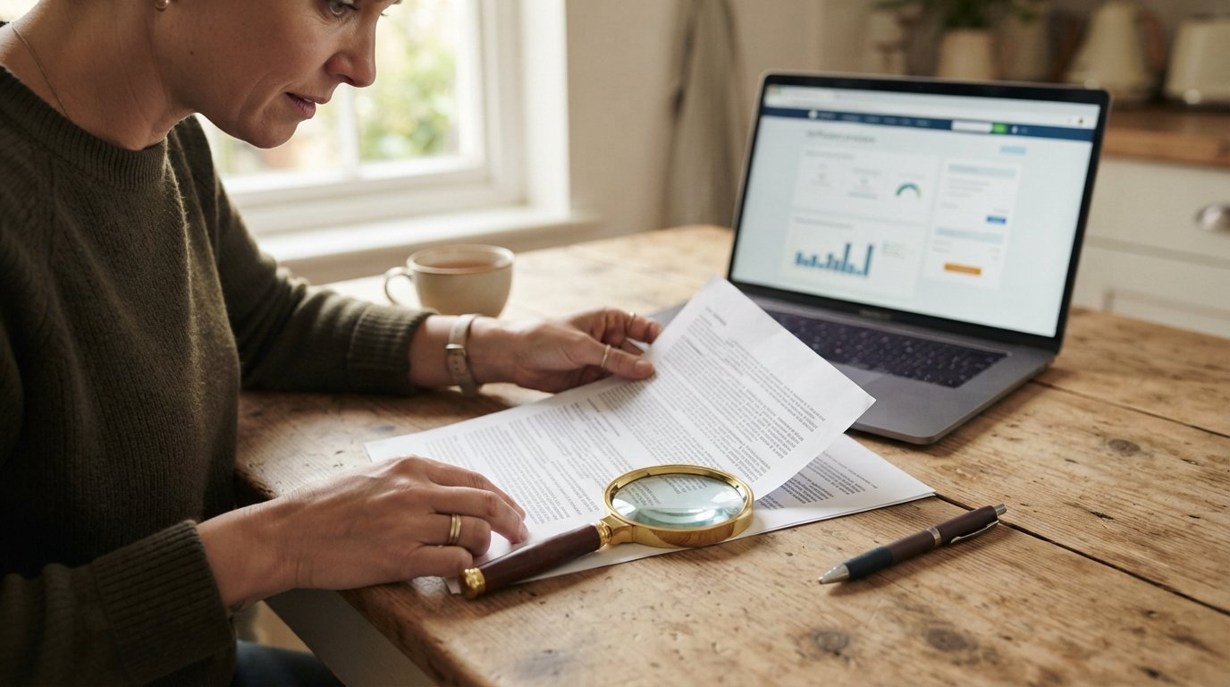 Hands holding a printed loan agreement at a wooden table with a magnifying glass, pen, and laptop showing a lender website