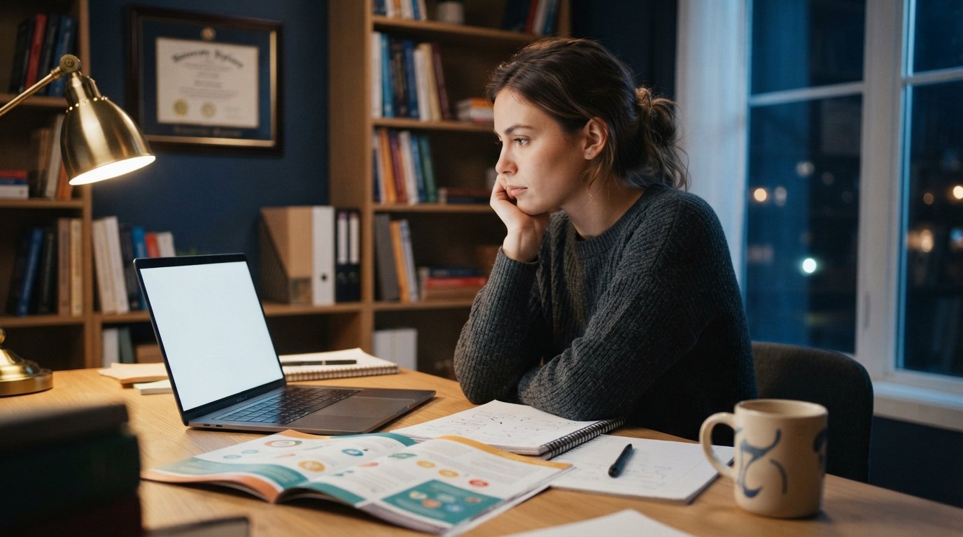 Student at a home desk at night resting chin on hand beside an open laptop, course brochure, notebook, pen, and coffee mug,…