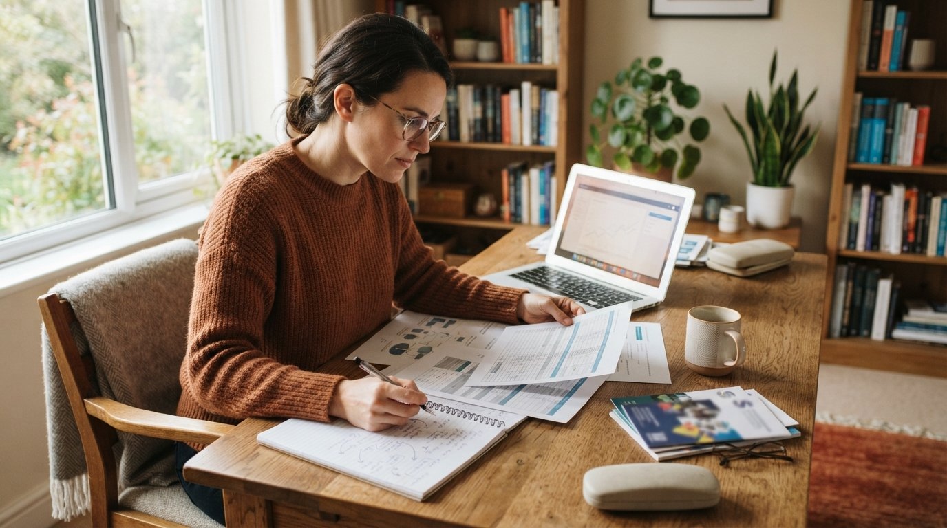 Adult learner at a wooden desk reviewing printed comparison sheets beside an open laptop, notebook, and university…