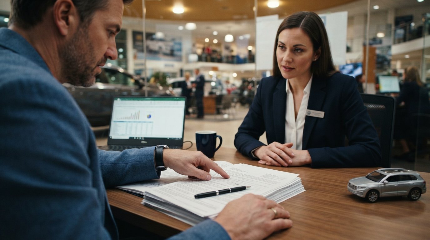 Car buyer in casual business attire pointing at a line in a stack of auto loan contract papers while a finance manager in a…