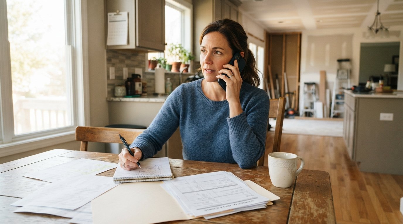 Homeowner at a kitchen table holding a phone to their ear, taking notes beside contractor bids, license paperwork, and a…