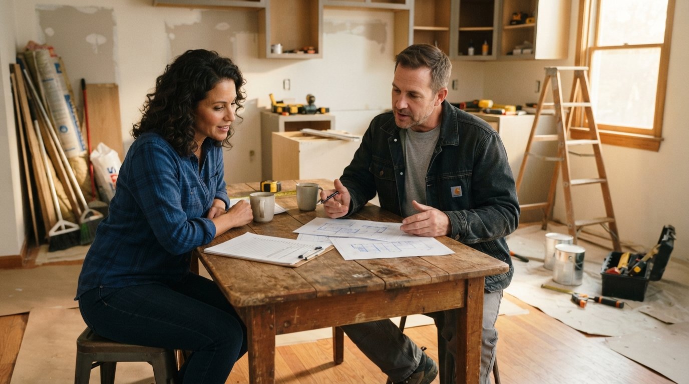 Homeowner and contractor in casual clothes sitting at a wooden kitchen table, reviewing a clipboard checklist and printed…