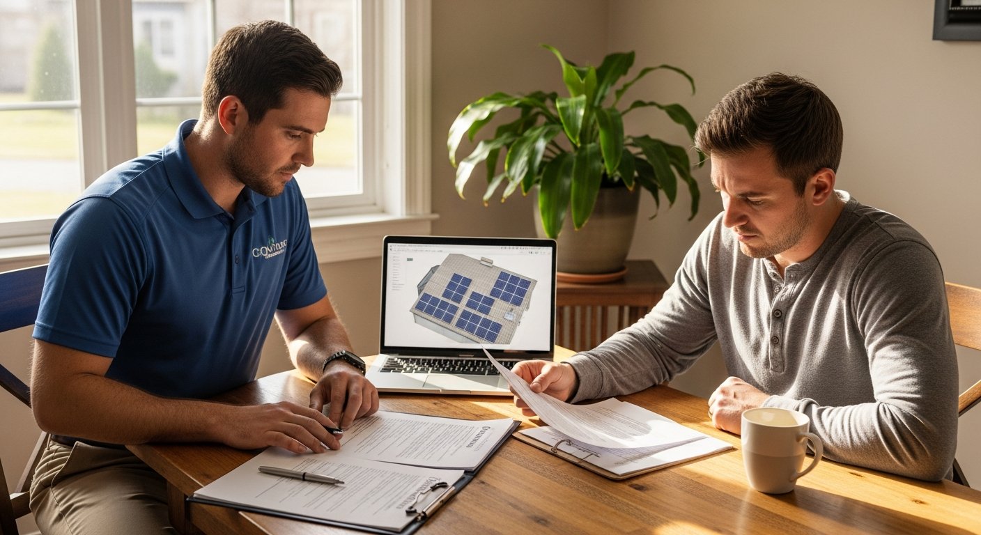 Solar installer in blue polo shirt and homeowner review contract documents at a sunlit kitchen table with a laptop showing…