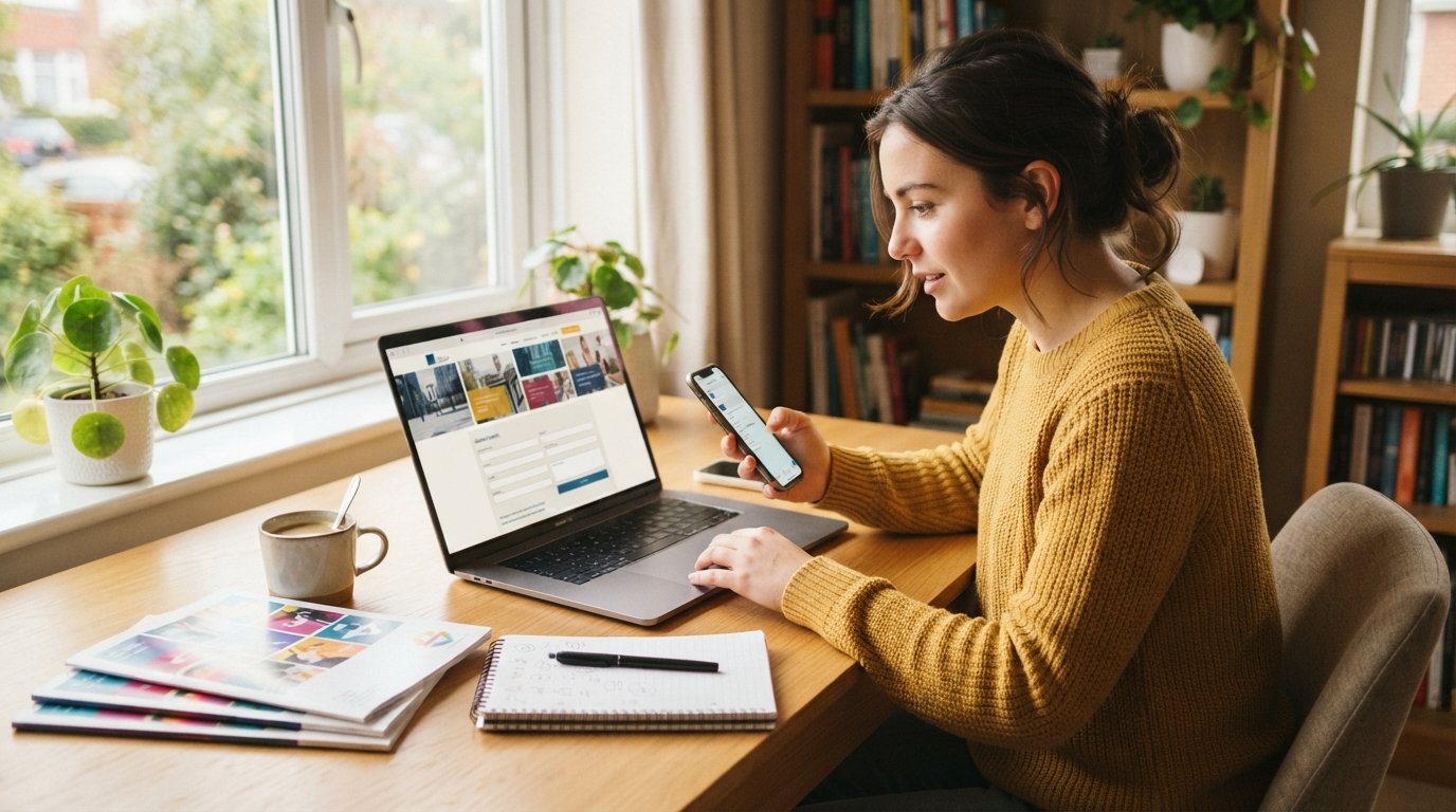 Young adult at a desk holding a smartphone, with a laptop showing a college request-information form and brochures nearby