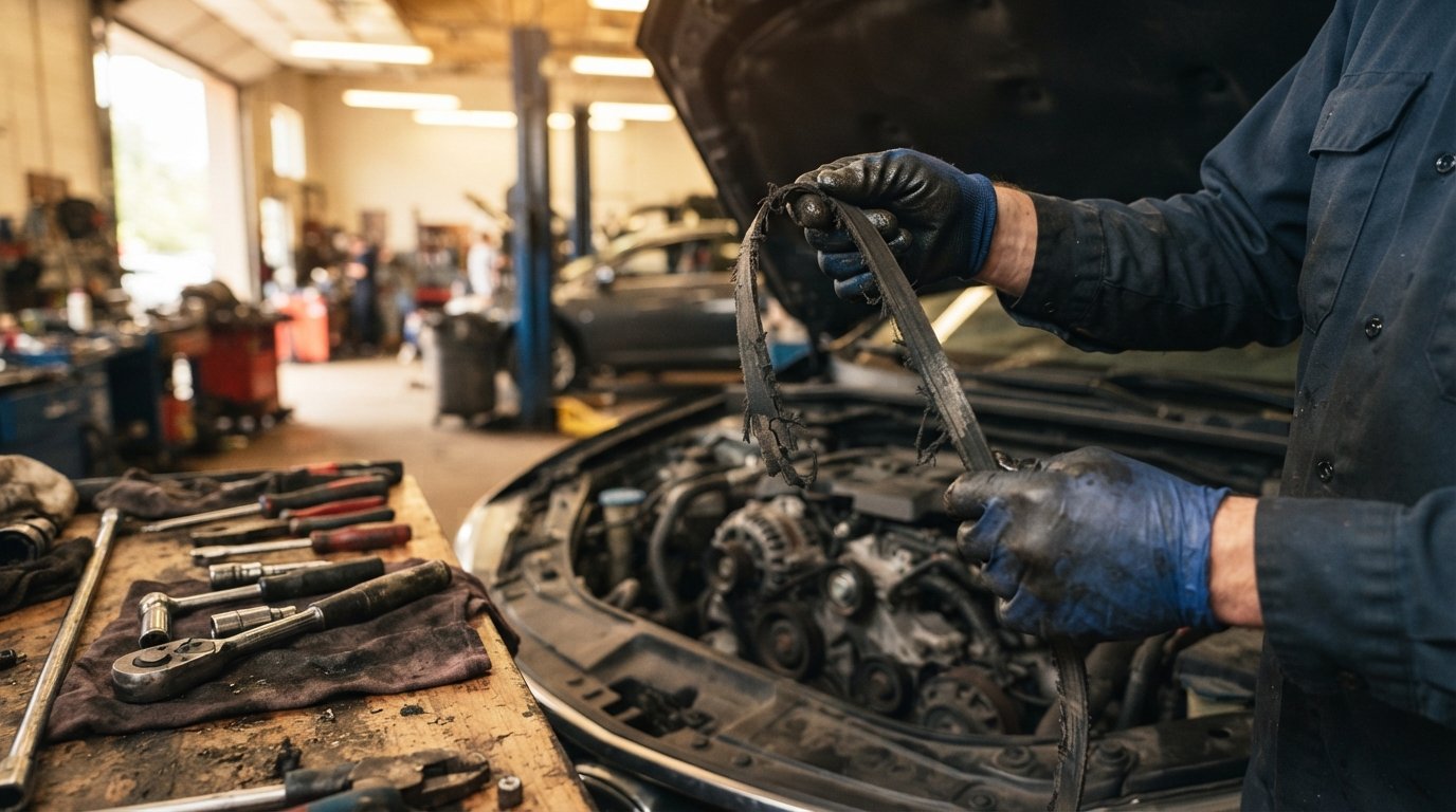 Gloved mechanic holds a worn alternator belt beside an open car hood, with a socket wrench on the workbench