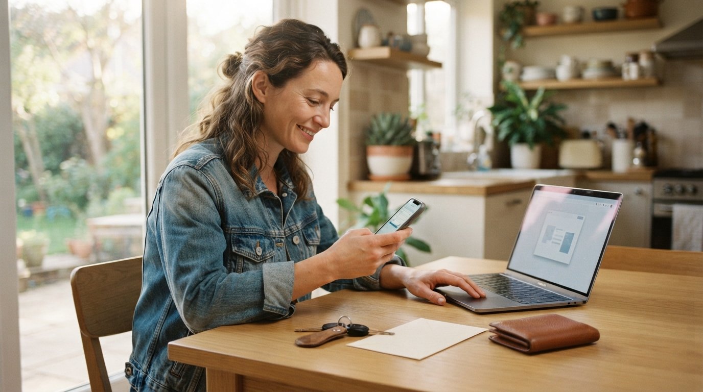 Person in denim jacket holding smartphone at kitchen table with car keys, utility bill, and wallet nearby