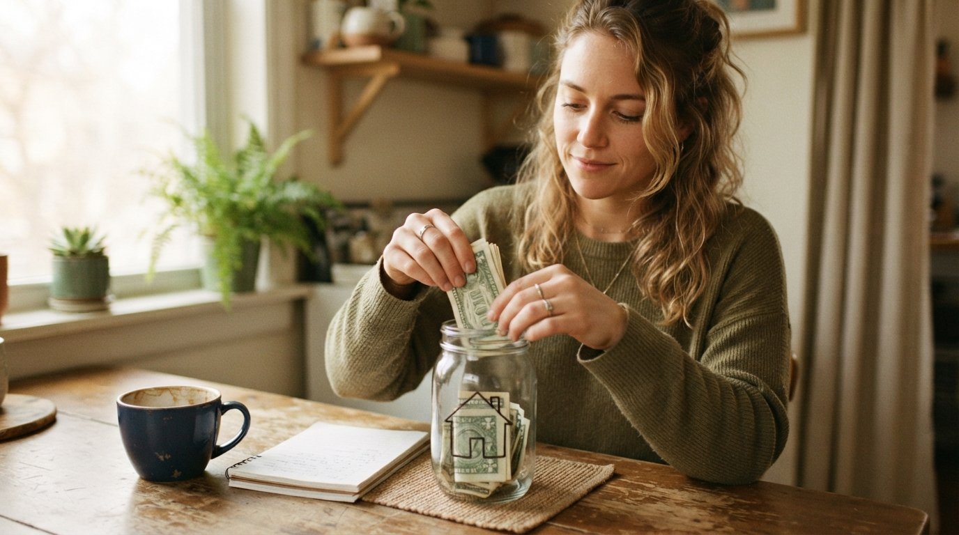 Woman in casual clothes placing folded bills into a clear glass jar with a hand-drawn house shape at a kitchen table, with…