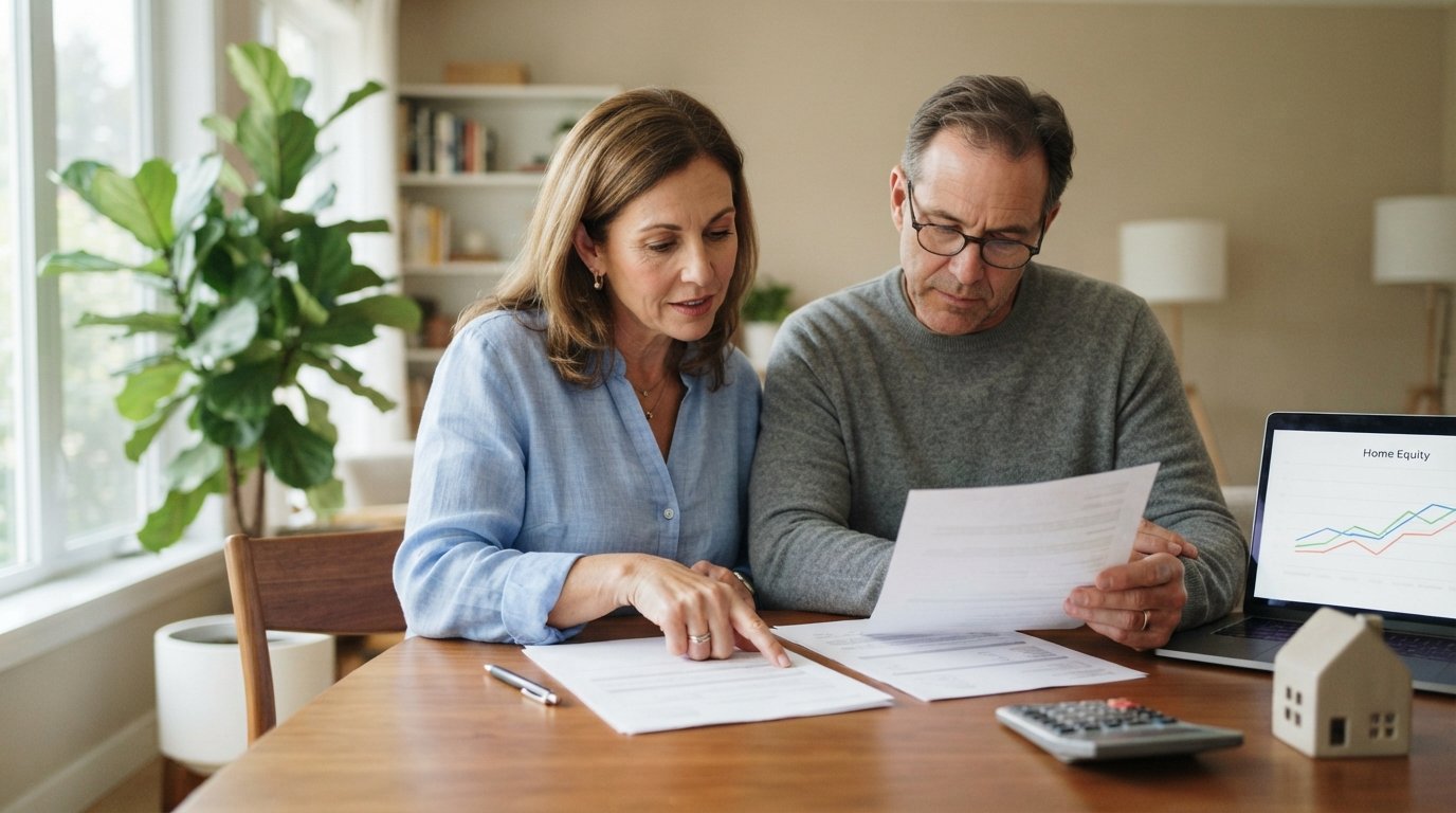 Couple at a dining table reviewing two mortgage documents beside a laptop showing a home equity chart, with a model house…
