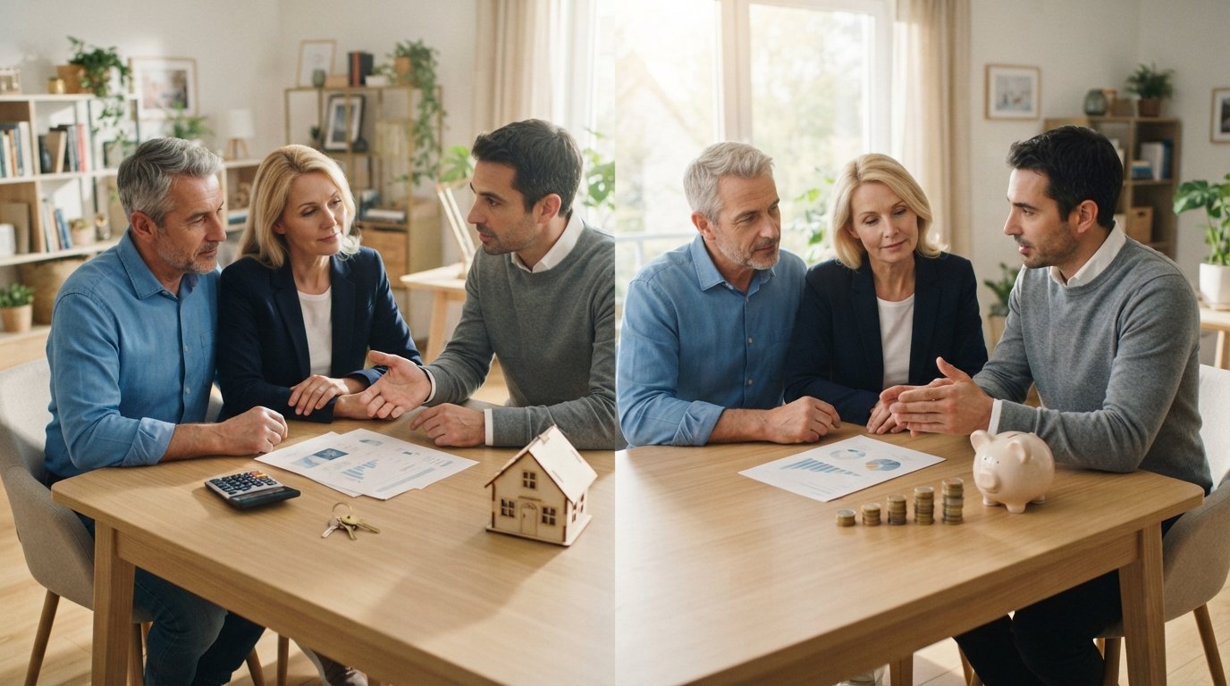 Couple at a dining table with a financial advisor reviewing two documents, one beside a calculator and house model, the…