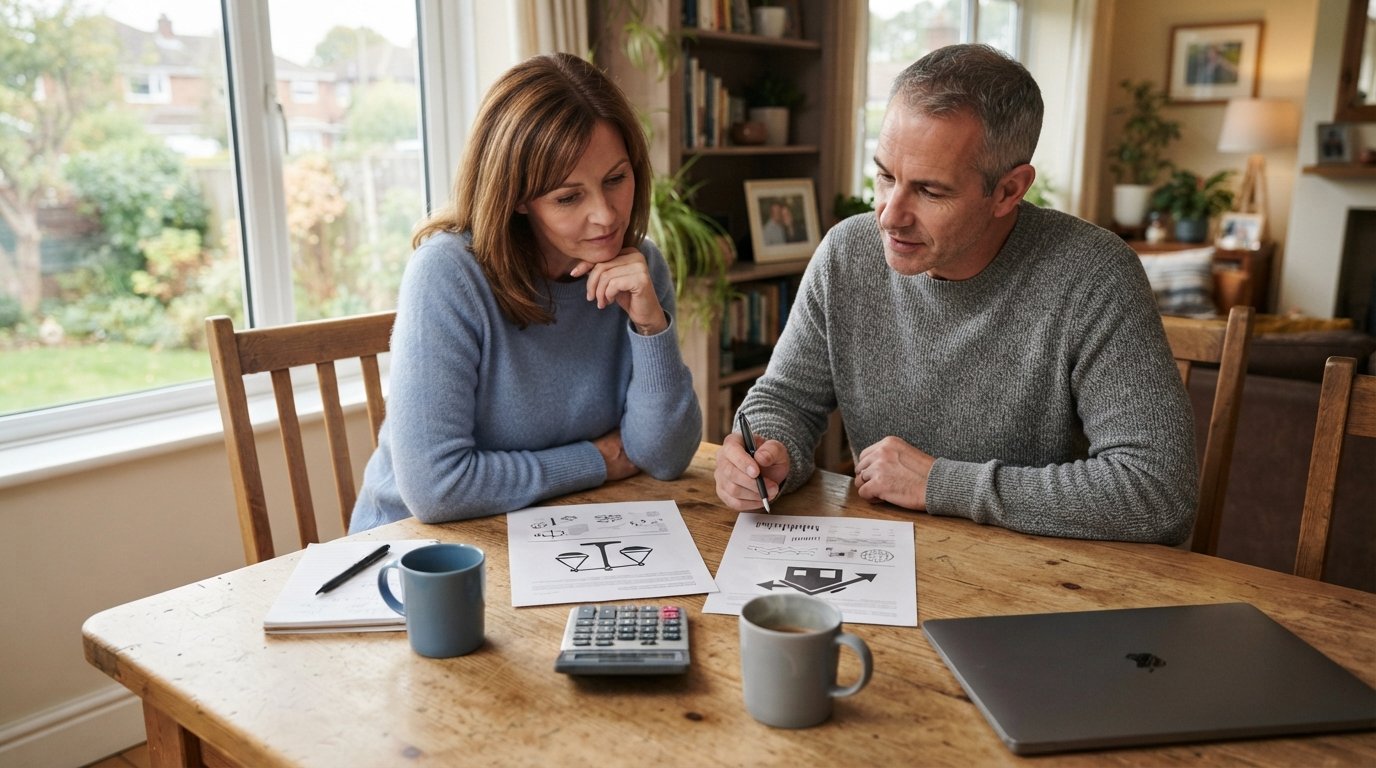 Couple at a kitchen table comparing two mortgage documents, one marked with a balance scale icon and the other with a house…