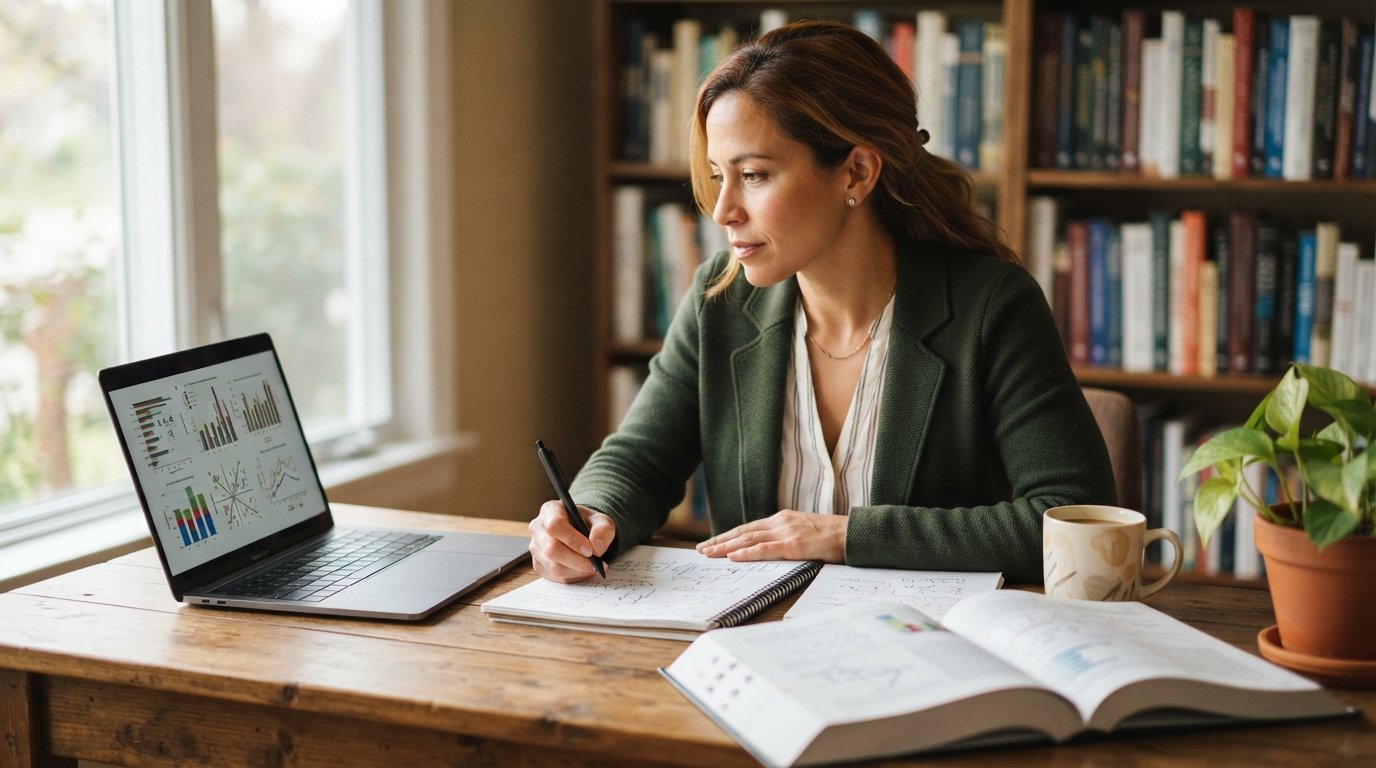 Female teacher at a home office desk reviewing a literacy assessment dashboard on a laptop with textbooks and notes nearby