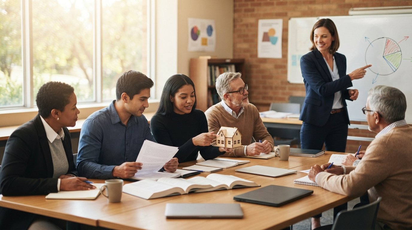 Adult students in business casual reviewing real estate contracts and a model house at a table while an instructor points…