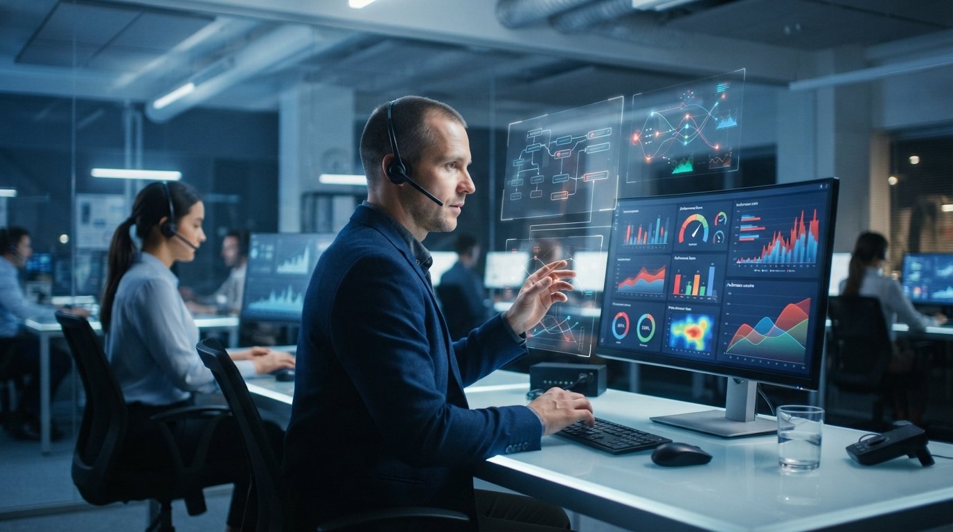 Call center supervisor at a desk monitors scoring gauges and data charts while an agent with a headset works behind glass