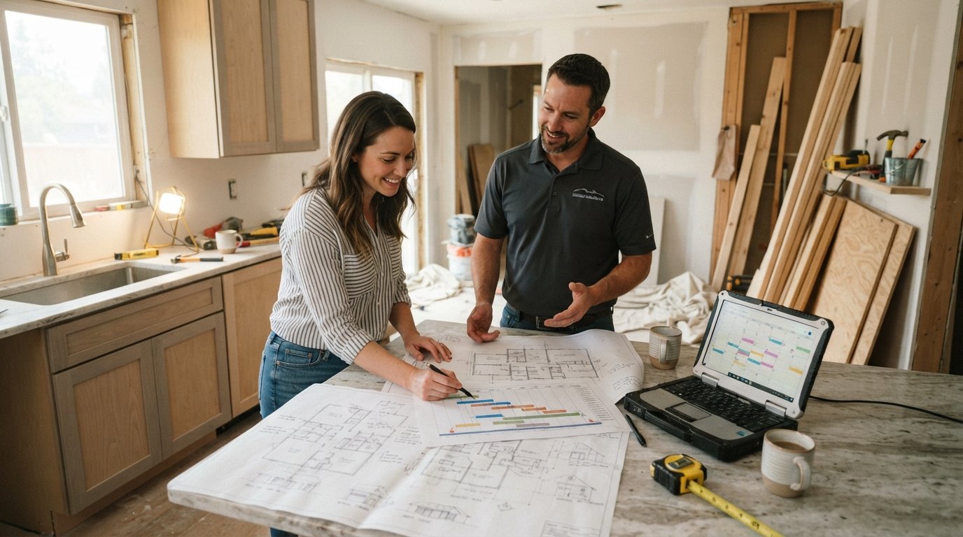 Homeowner and contractor review blueprints and a timeline chart on a kitchen island beside a laptop, measuring tape, and…