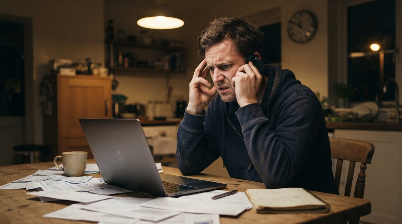 Worried man on a phone at a kitchen table, looking at a laptop among scattered bills and a coffee mug