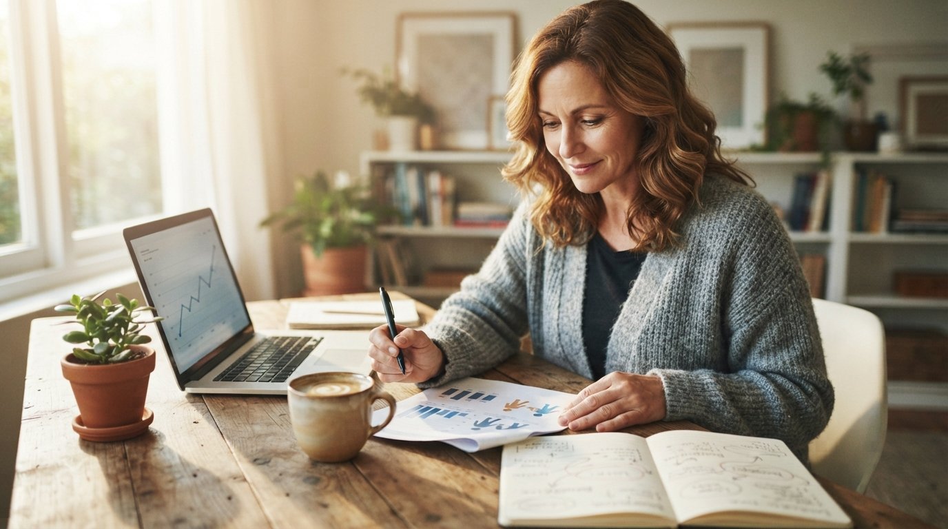 Woman in a gray sweater reviewing a printed document at a wooden desk with a laptop, coffee, and notebook in a sunlit home…