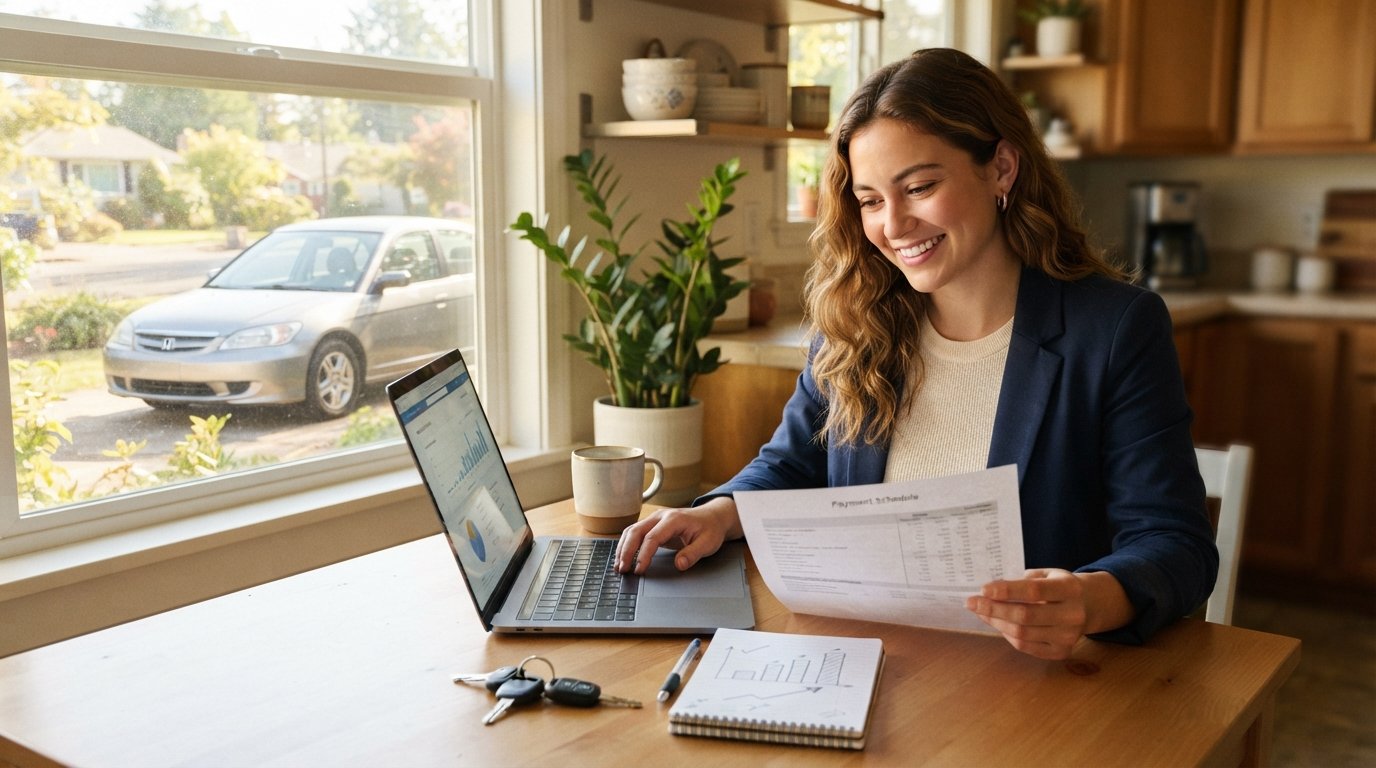 Young adult in casual business attire reviewing a printed auto loan payment schedule at a kitchen table beside car keys, a…