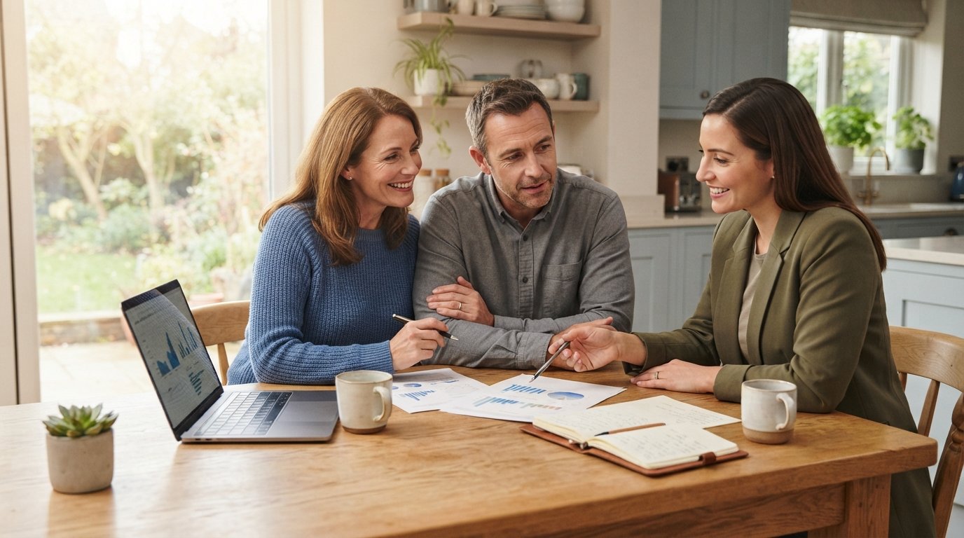 Couple reviewing financial documents and a laptop with an advisor at a sunlit kitchen table