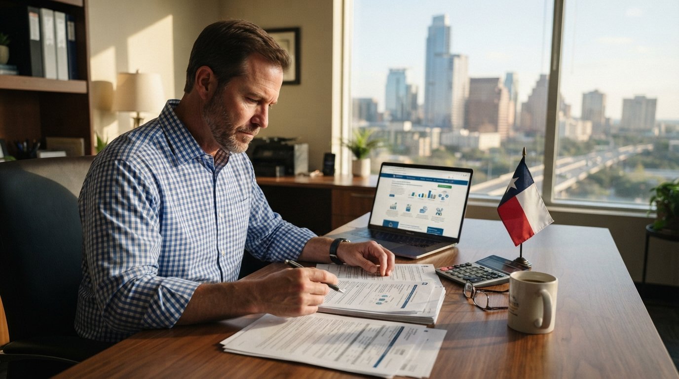 Texas business owner at a wooden desk reviewing official policy documents with a laptop showing a regulatory webpage,…