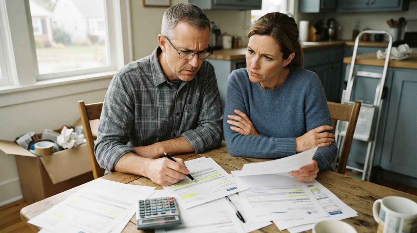 Middle-aged couple at a kitchen table reviewing printed moving quotes with wary expressions, one pointing at a highlighted…