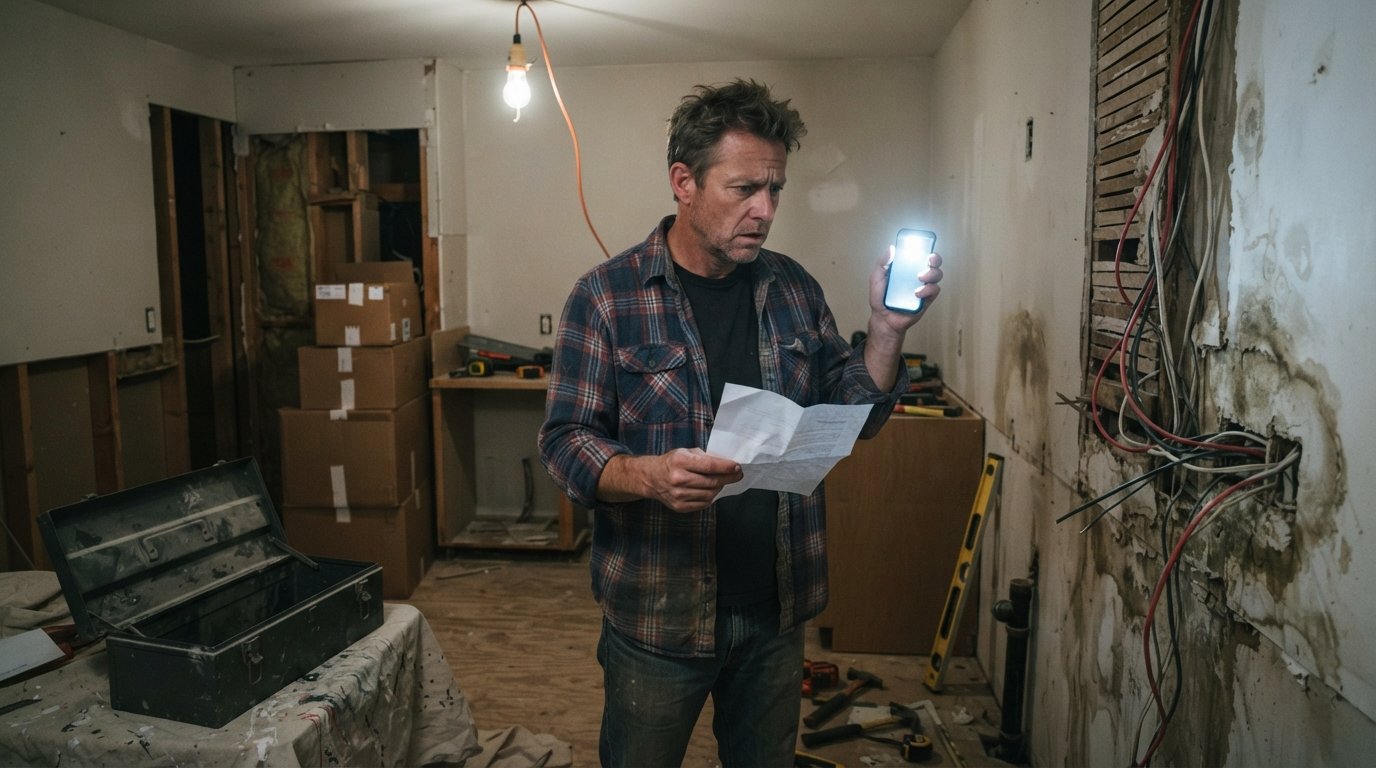 Man in a plaid shirt stands in a dim, unfinished kitchen, holding a crumpled contract and shining a phone flashlight at…