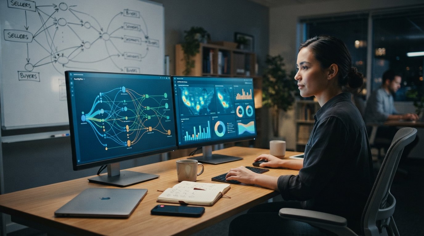 Marketer at a desk studying dual monitors showing routing flow diagrams, lead acceptance metrics, and geographic filter…