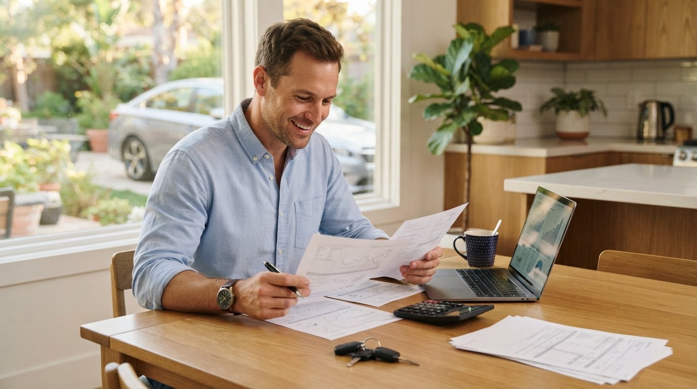 Man in a light blue shirt compares refinancing documents at a kitchen table with a laptop, calculator, coffee mug, and car…