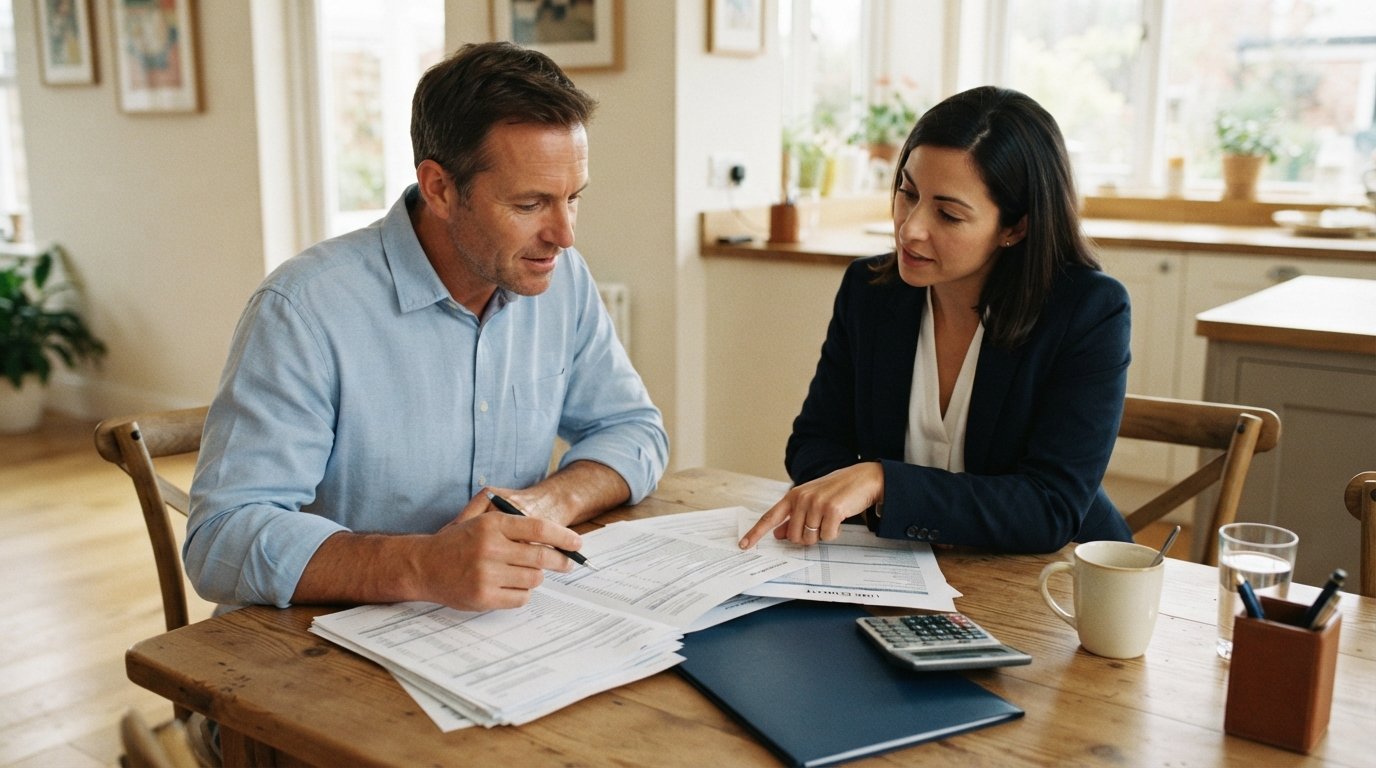 Homeowner in blue shirt reviews mortgage paperwork with pen and calculator as advisor points to a line item on the loan…