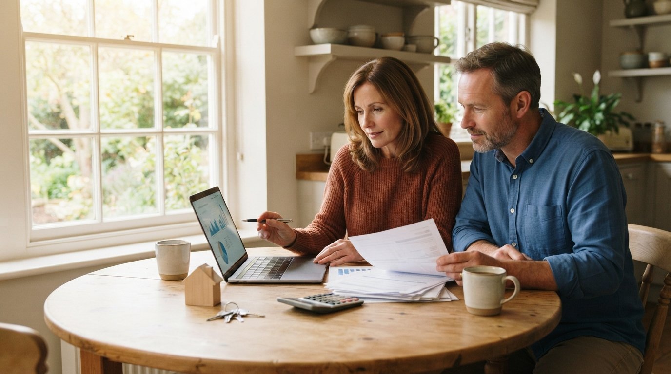 Couple at a sunlit kitchen table looking at a laptop with mortgage documents, a calculator, coffee mugs, a model house, and…