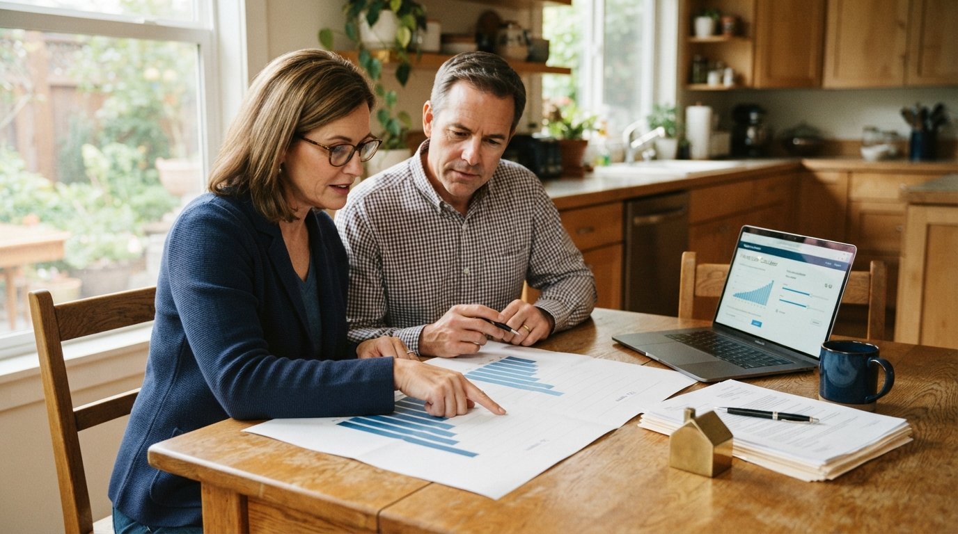 Couple at a sunlit kitchen table comparing two mortgage payoff charts beside a laptop showing a loan calculator and closing…