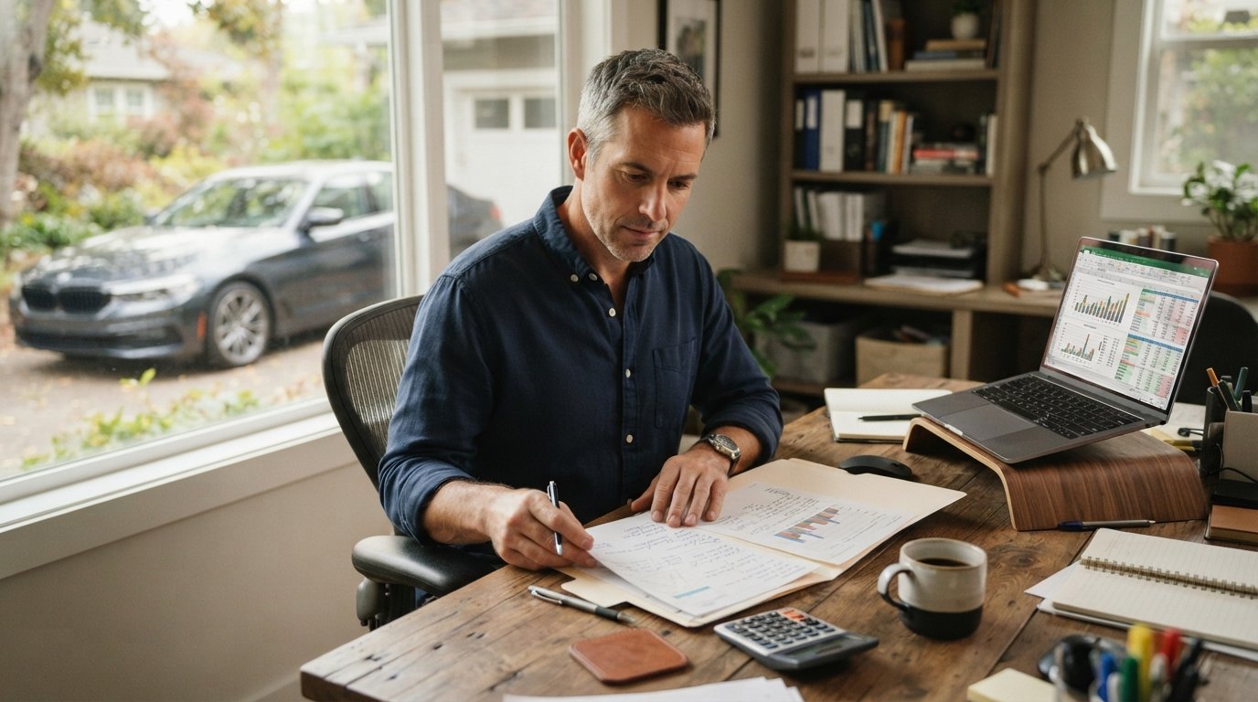 Self-employed man in his 40s at a wooden desk reviewing financial documents beside a laptop with an income spreadsheet,…