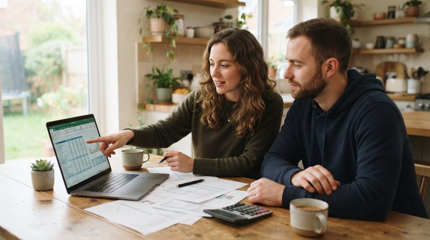 Couple at a kitchen table reviewing auto loan refinancing paperwork with a laptop showing loan term comparisons,…