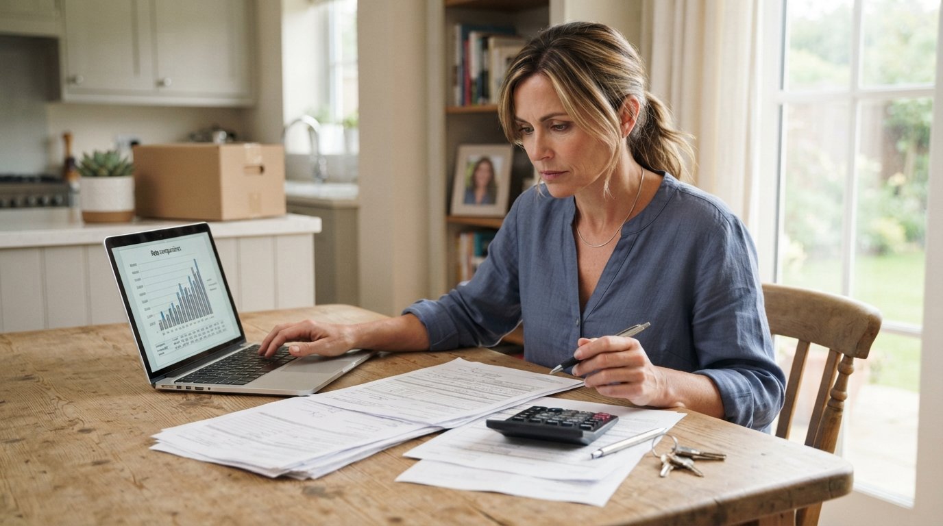 Woman in her 40s at a kitchen table reviewing mortgage paperwork with a calculator, pen, house keys, and a laptop showing…