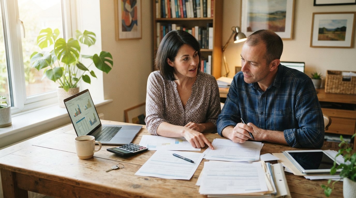 Couple at a kitchen table reviewing refinance paperwork with a laptop, calculator, coffee mug, house key, and pen in warm…