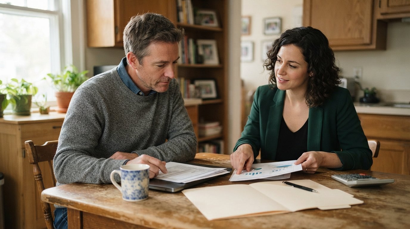 Homeowner at a kitchen table reviews refinance paperwork and a calculator while a lender points to a credit report.