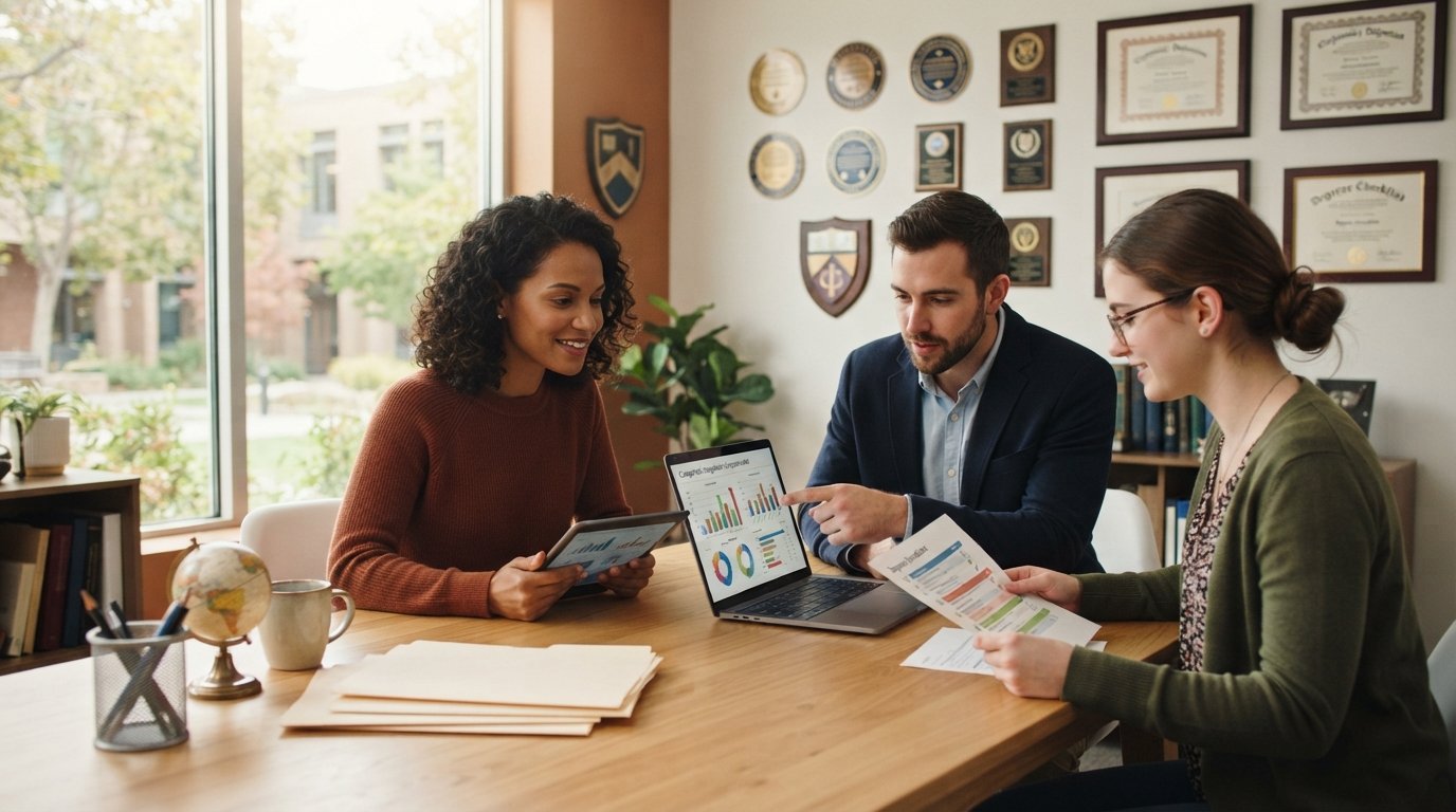 Three adult students at a wooden table review accreditation documents and a tablet, with framed diplomas and accreditation…