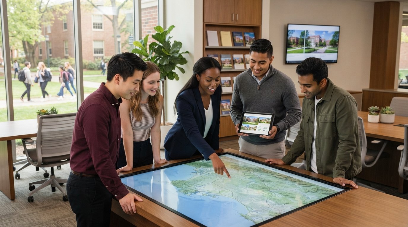Prospective students in business-casual attire gather around a glowing interactive map table in a university admissions…