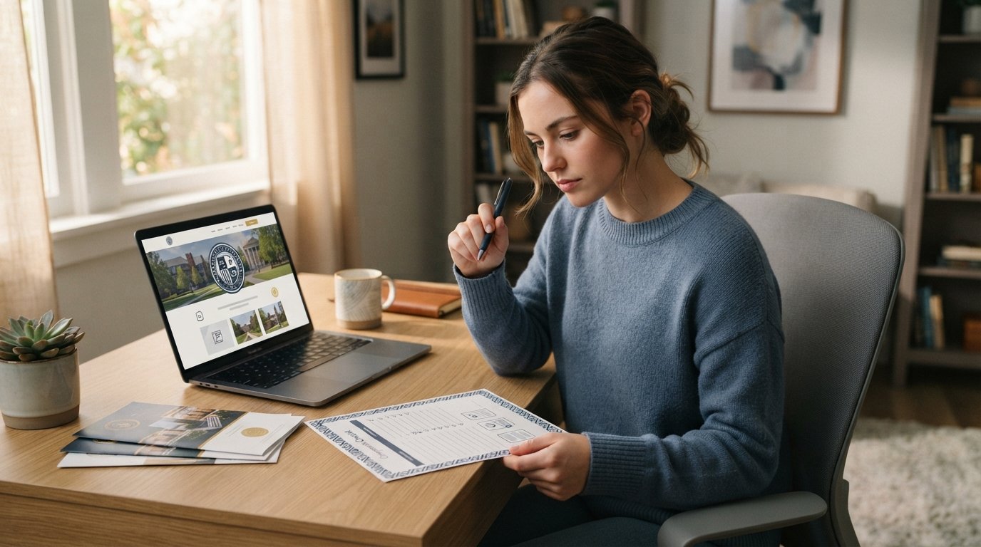 Student at a desk reviewing a checklist beside a laptop showing a college website with an accreditation seal