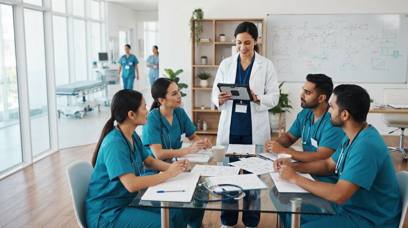 Female nurse administrator in dark blue scrubs and white lab coat reviews a tablet while collaborating with diverse nursing…