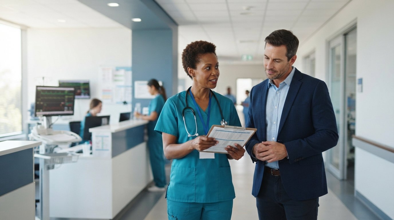 Female nurse in teal scrubs holding clipboard, smiling with male colleague in business casual attire in bright hospital…