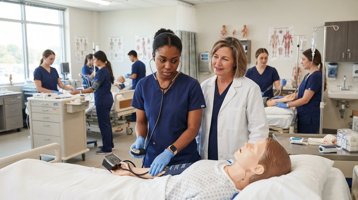 Nursing students in navy scrubs practice blood pressure checks on a training mannequin as an instructor in a white lab coat…