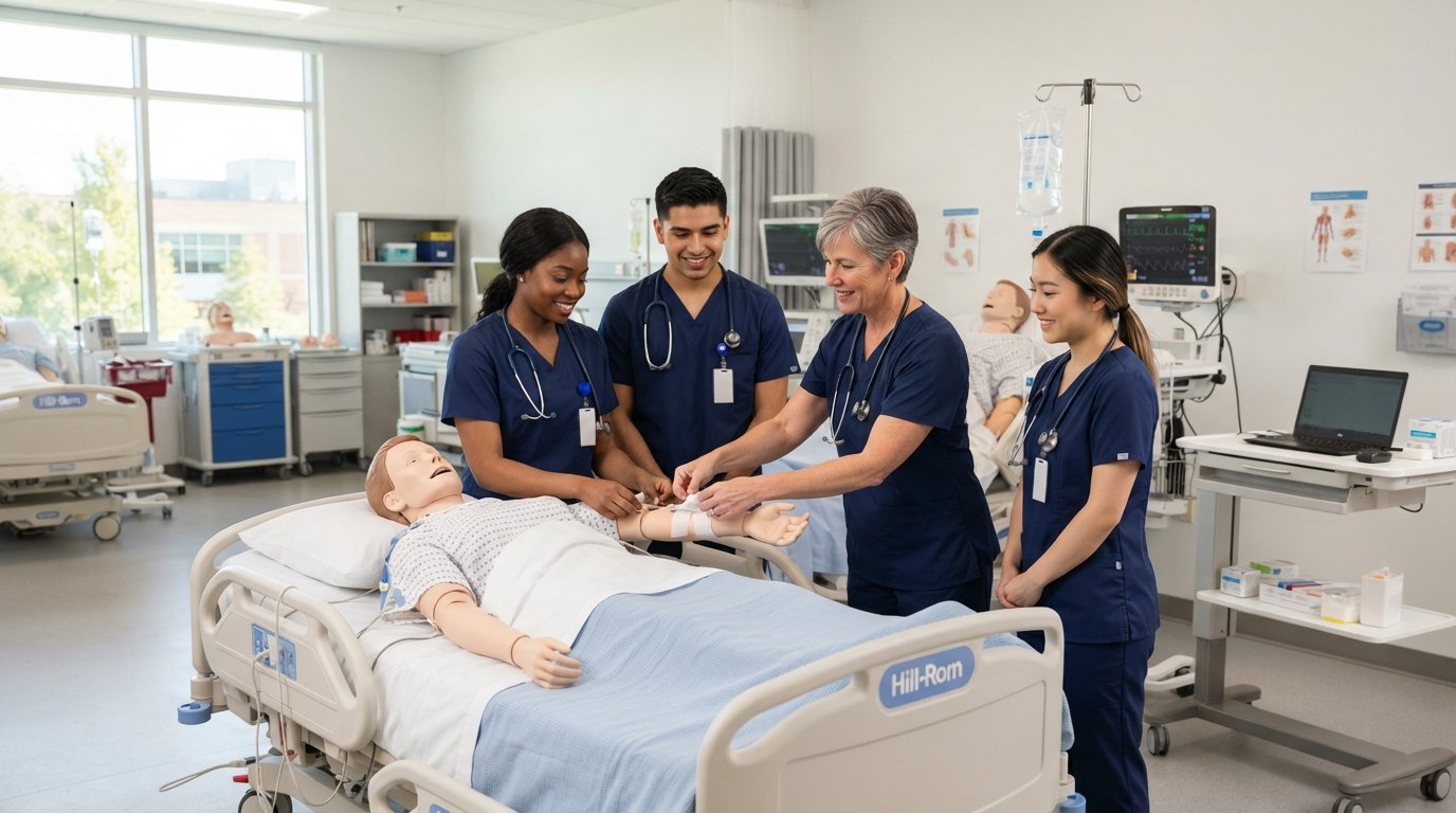 Nursing students in navy scrubs and stethoscopes practice patient care on a mannequin in a hospital bed as an instructor…