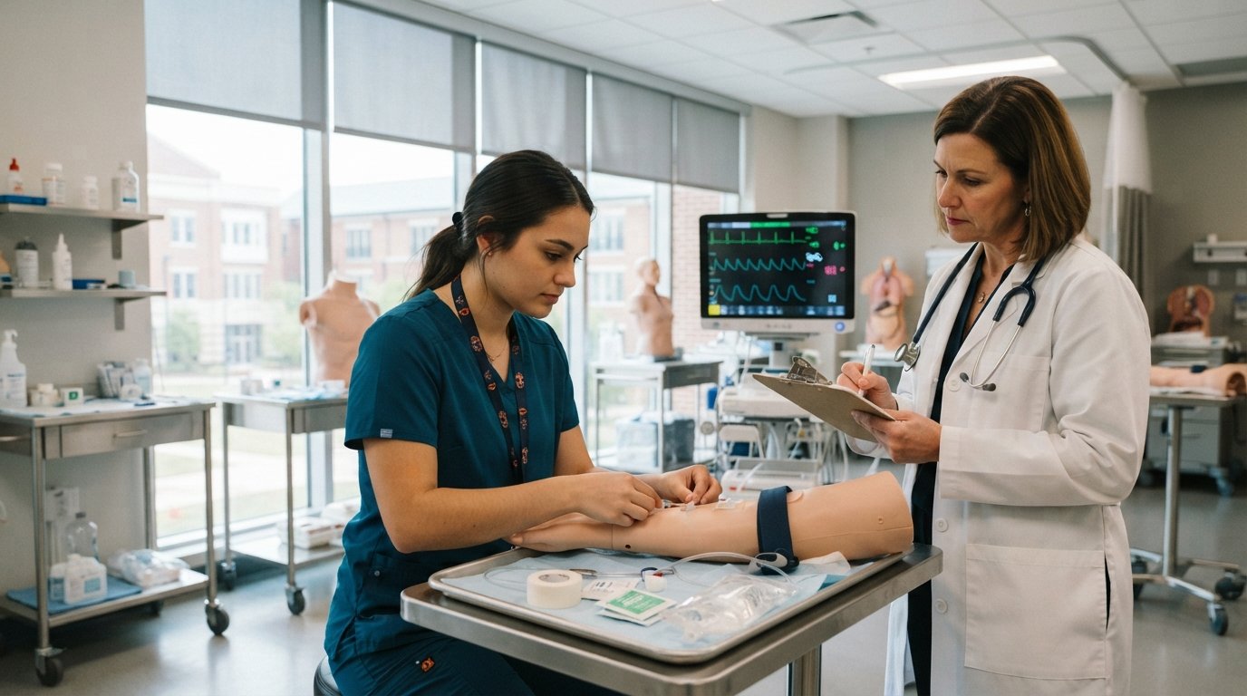 Nursing student in teal scrubs inserts an IV into a mannequin arm as an instructor observes in a bright simulation lab