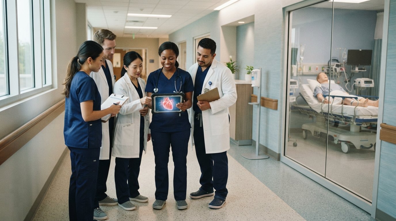 Nurses in navy scrubs and lab coats review a tablet showing a heart diagram in a bright hospital corridor with a simulation…