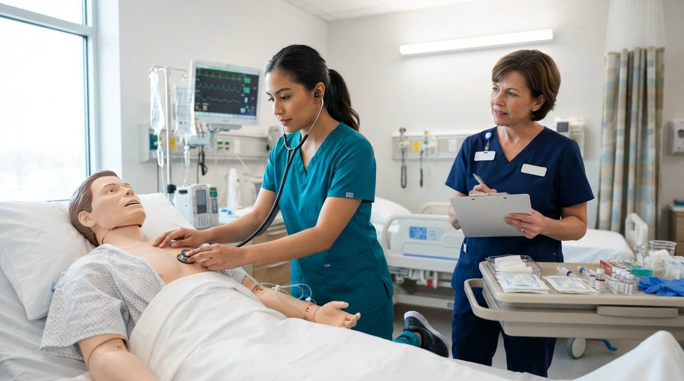 Female nursing student in teal scrubs uses a stethoscope on a mannequin while an instructor in navy scrubs observes with a…