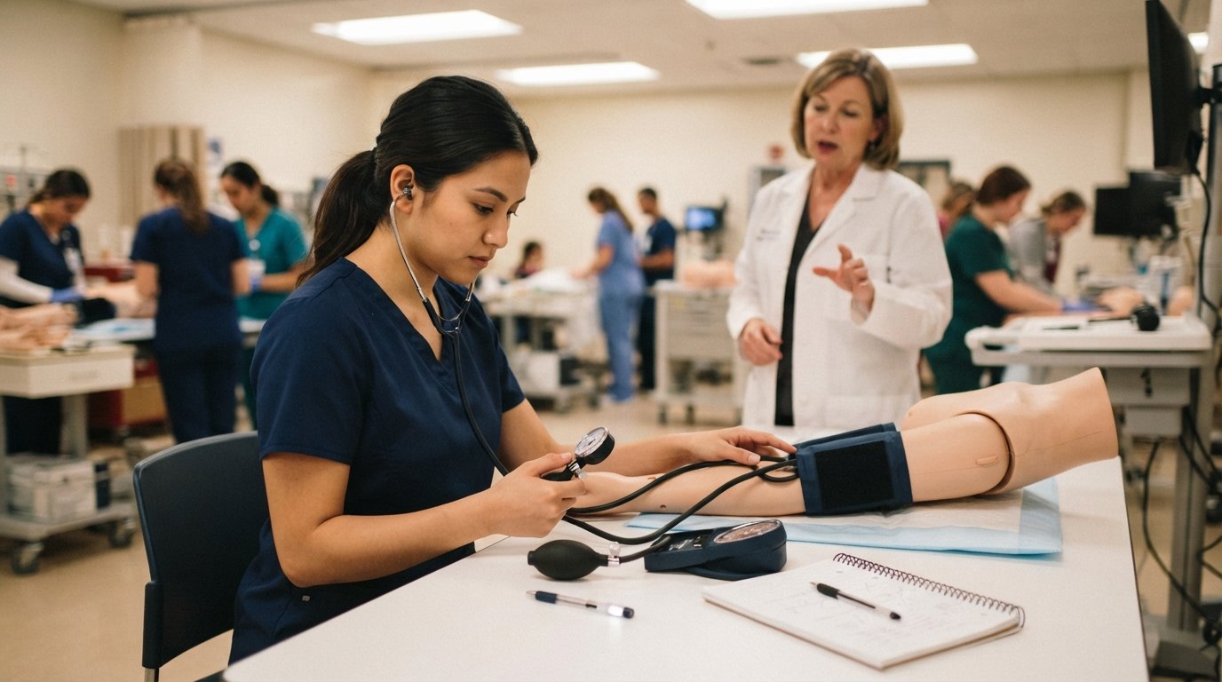 Student in navy scrubs uses a stethoscope and blood pressure cuff on a mannequin arm at a simulation lab table.
