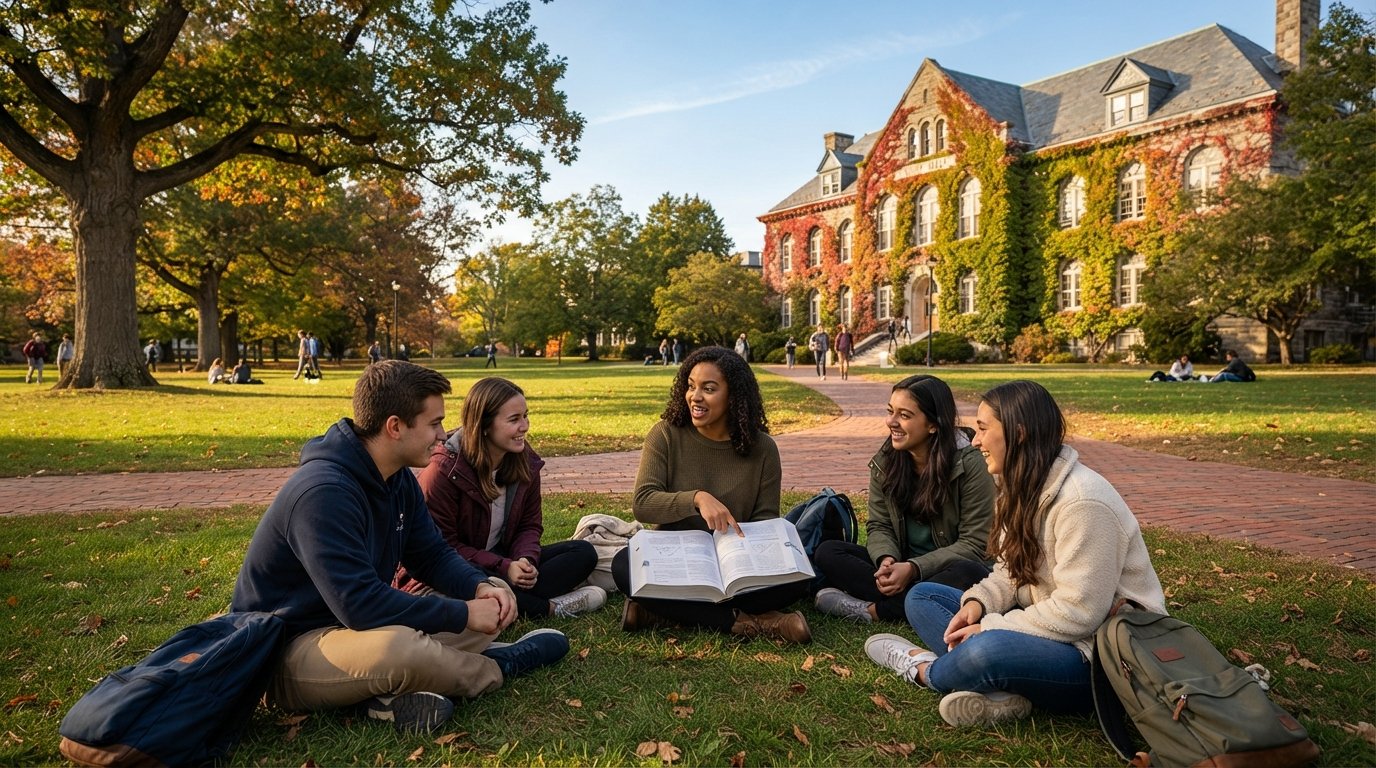 College students in a circle on a sunlit campus lawn, with one pointing at an open textbook, near an ivy-covered stone…