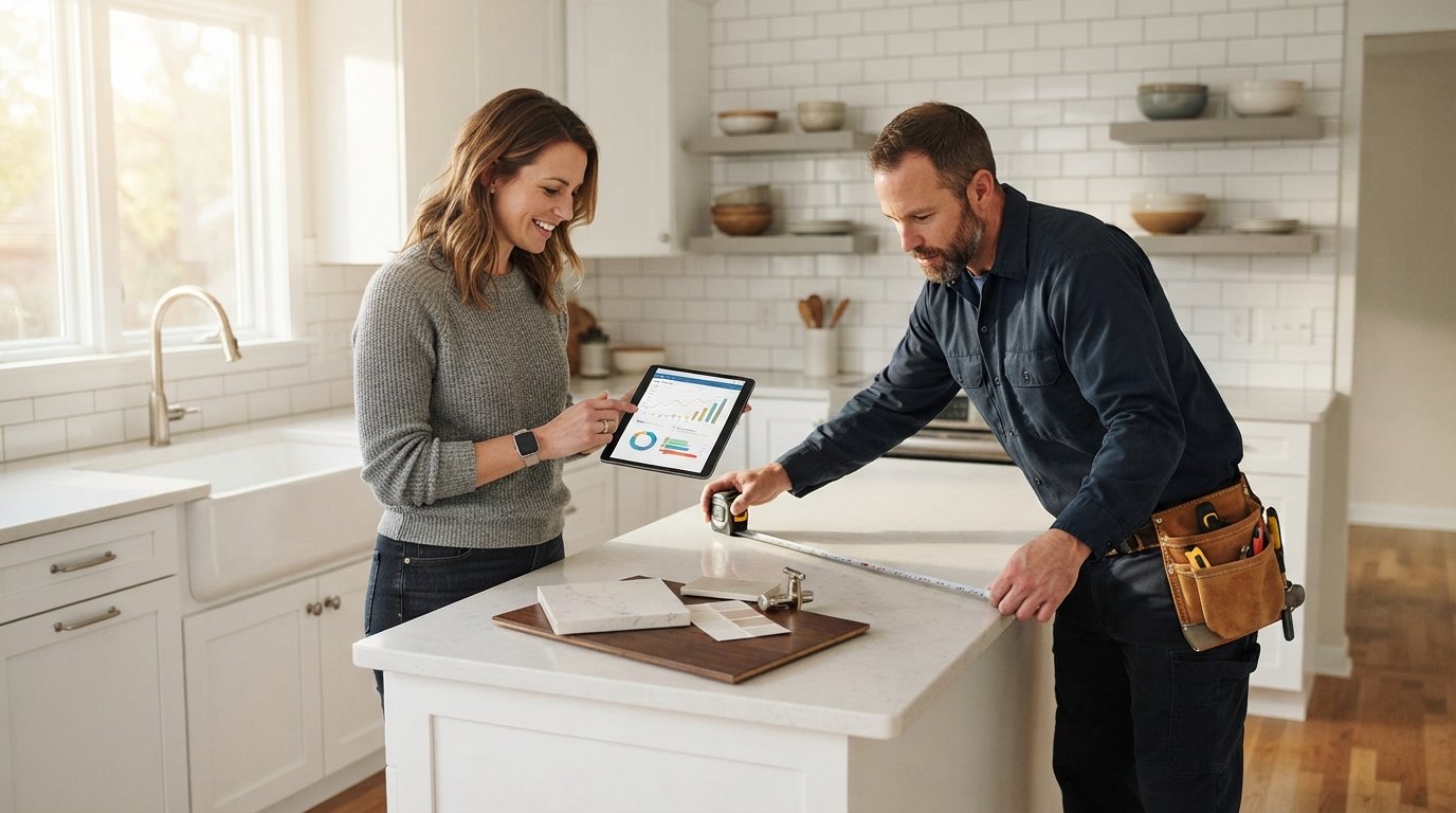 Homeowner holding a tablet with a budget app while a contractor measures a countertop in a renovated kitchen
